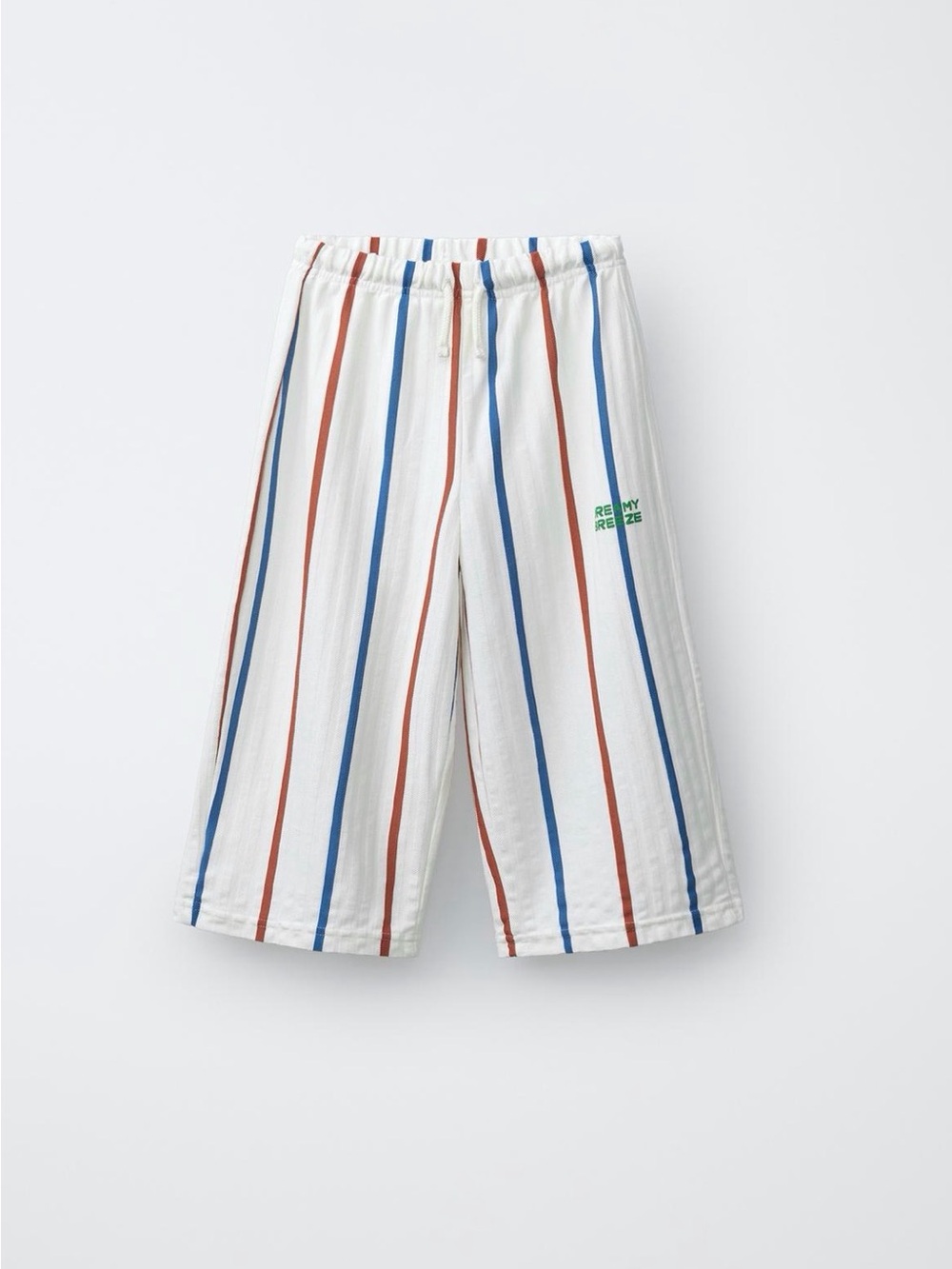 White Striped Wide-Leg Shorts with Blue & Rust Stripes